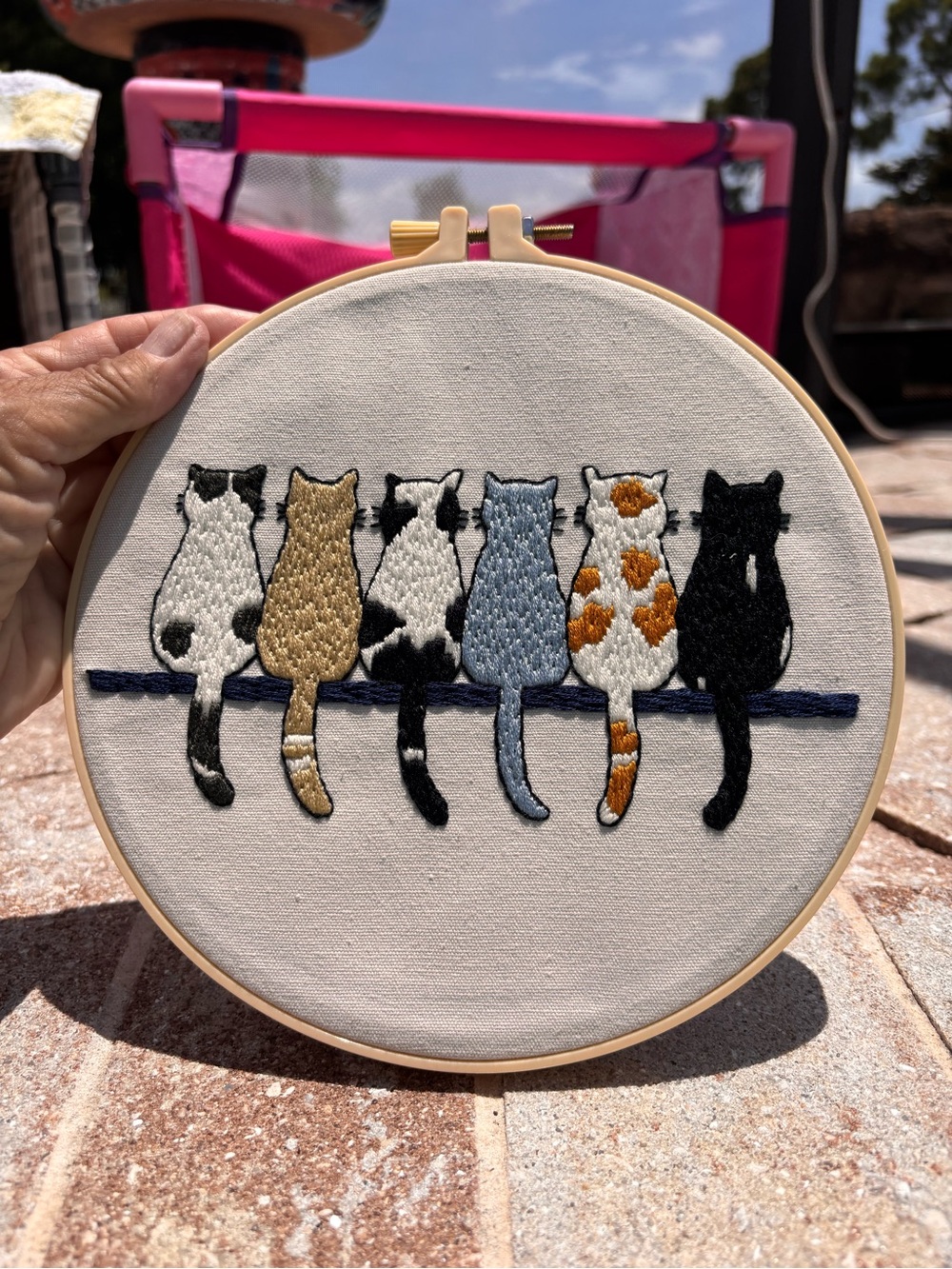 Handmade 8” Embroidered Cat Line Wall Hoop – Multicolor Cat Silhouettes